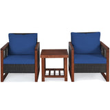 3 Pieces Patio Wicker Furniture Set with Acacia Wood Coffee Table and Washable Cushion-Navy