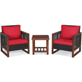 3 Pieces Acacia Wood Patio Furniture Set with Coffee Table-Red