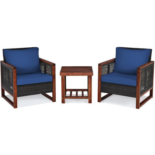 3 Pieces Patio Wicker Furniture Set with Acacia Wood Coffee Table and Washable Cushion-Navy