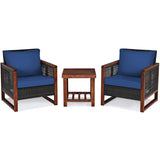 3 Pieces Patio Wicker Furniture Set with Acacia Wood Coffee Table and Washable Cushion-Navy