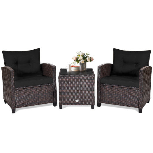 3 Pcs Patio Rattan Furniture Set Cushioned Conversation Set Coffee Table -Black