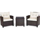 3 Pieces Patio Rattan Furniture Set Cushioned Conversation Set Coffee Table-White