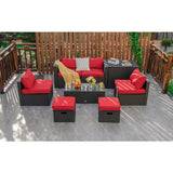 8 Pieces Patio Rattan Storage Table Furniture Set-Red