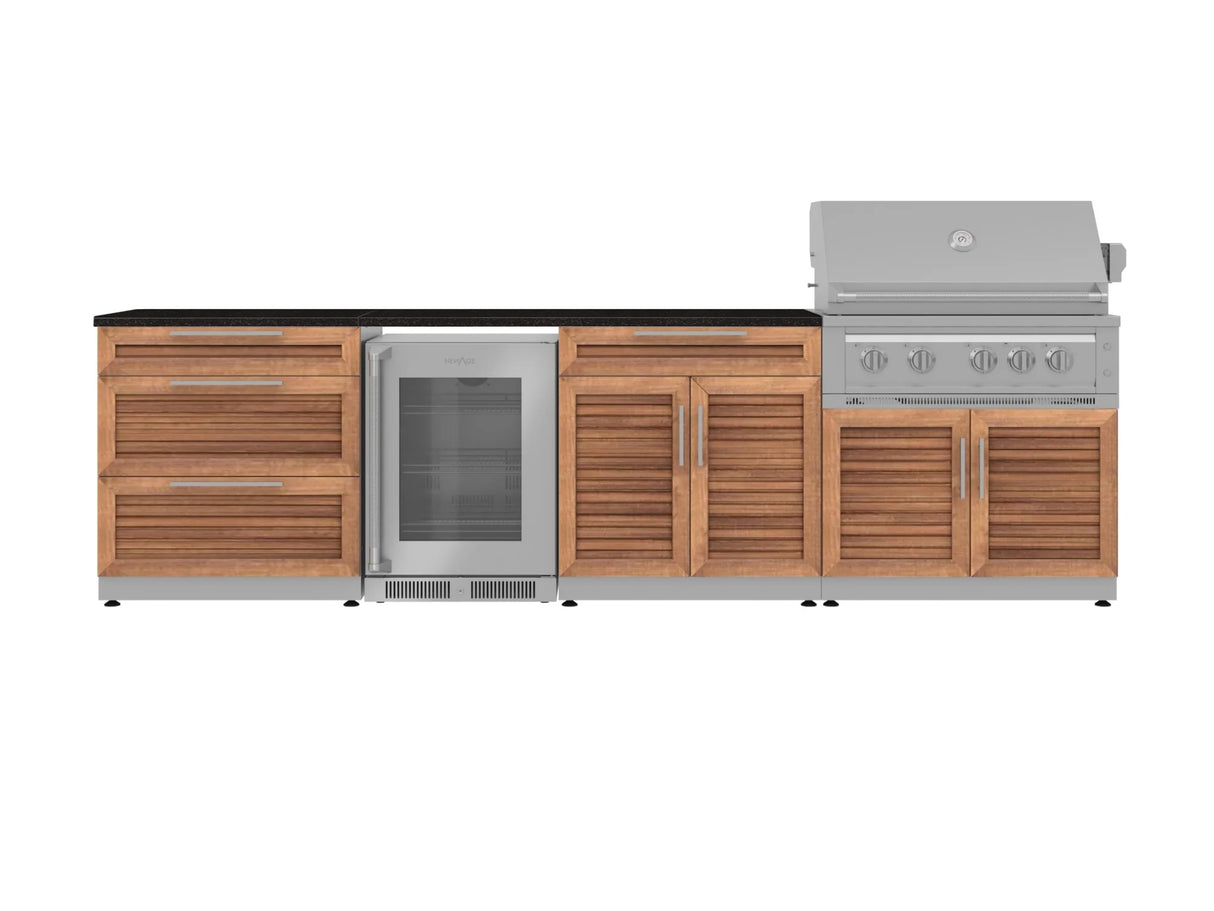 Outdoor Kitchen Stainless Steel 7 Piece Cabinet Set with 3-Drawer, Bar, Grill Cabinet, Platinum Grill, Countertop, and Glass Door Fridge