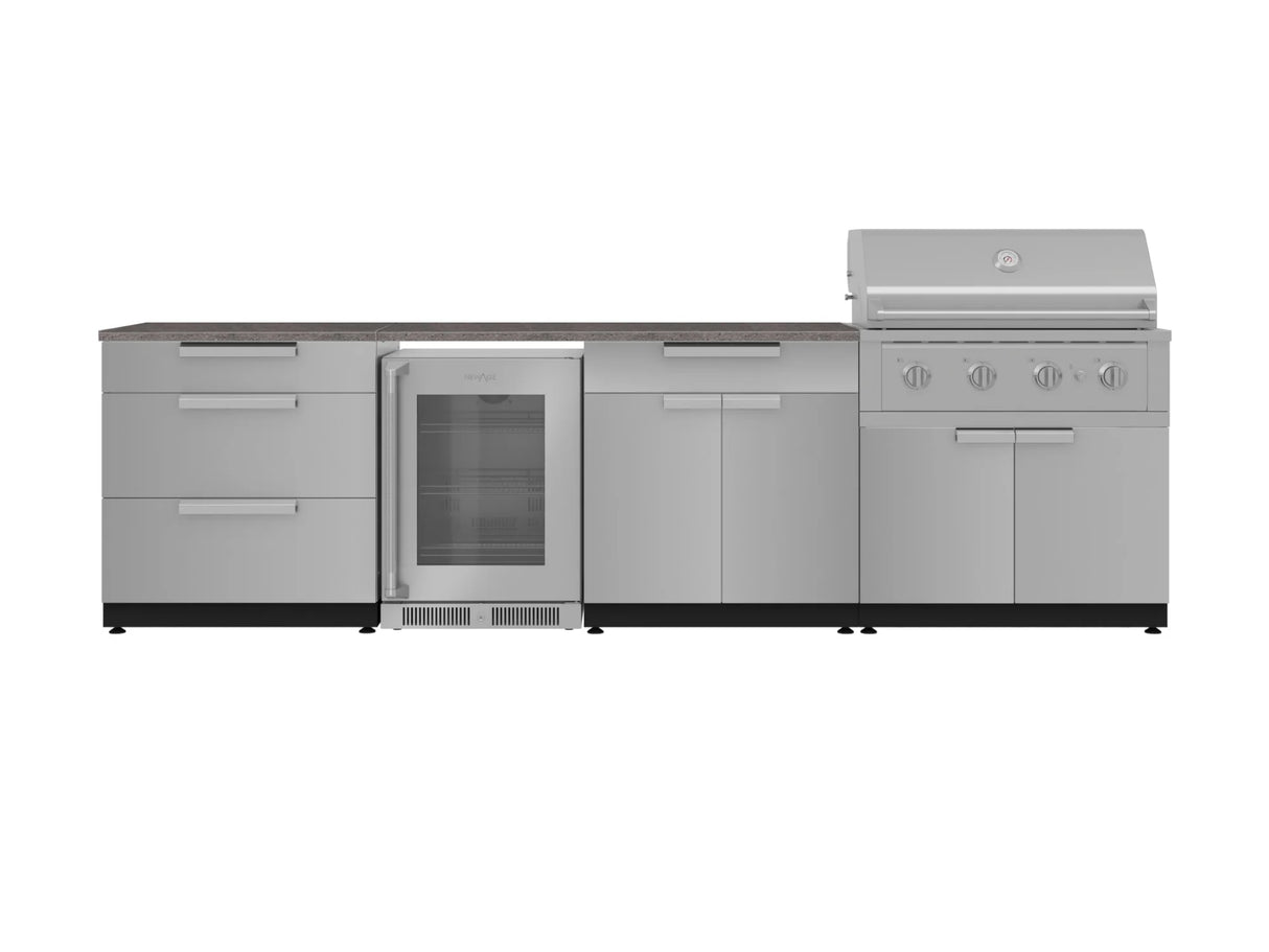 Outdoor Kitchen Stainless Steel 7 Piece Cabinet Set with 3-Drawer, Bar, Grill Cabinet, Performance Grill, Countertops, and Glass Door Fridge