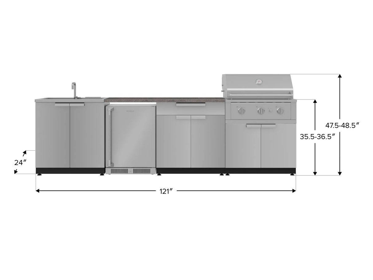 Outdoor Kitchen Stainless Steel 6 Piece Cabinet Set with Sink, Bar, Grill Cabinet, Performance Grill, Countertop and Stainless Steel Door Fridge