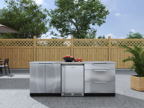 Outdoor Kitchen Stainless Steel 5 Piece Cabinet Set with 3-Drawer, 2-Door Cabinet, Countertops and Fridge