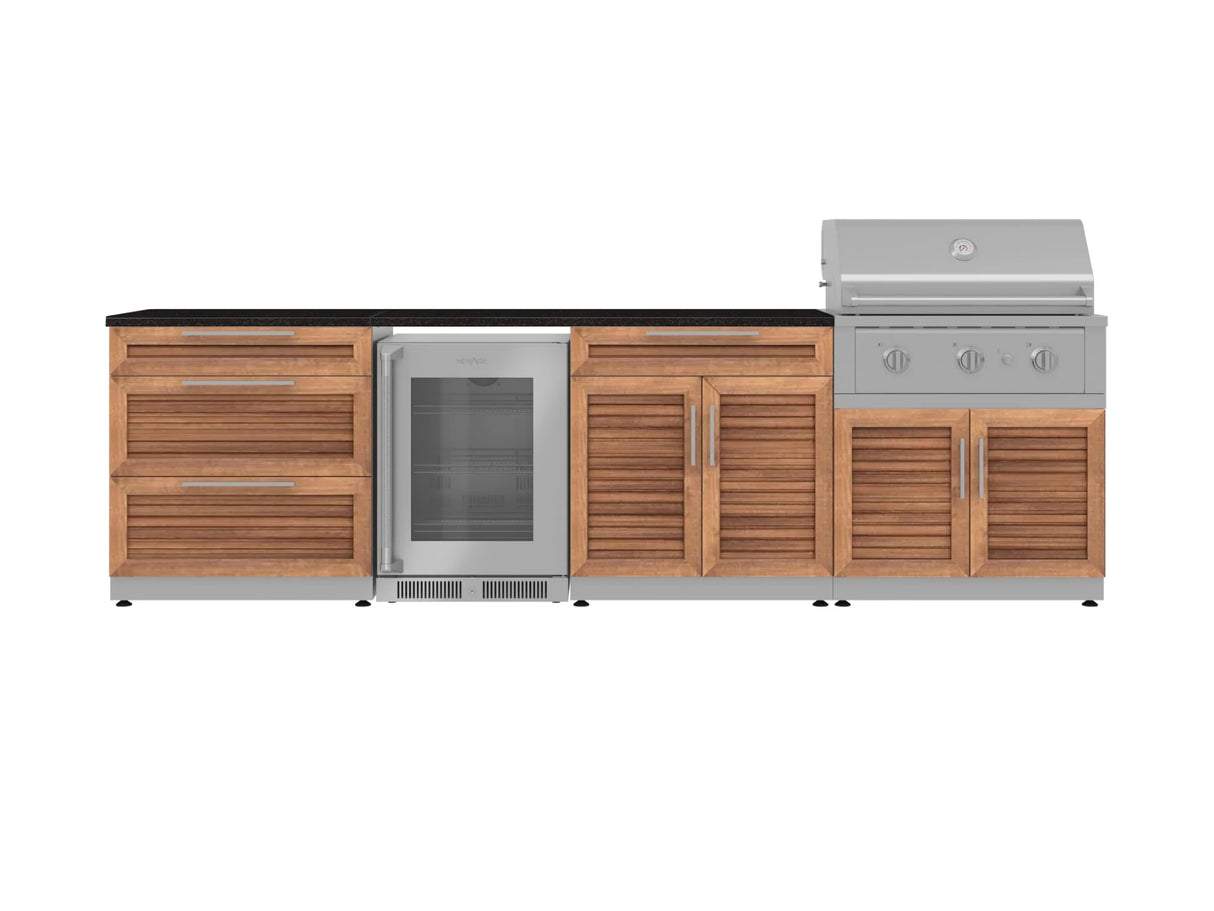 Outdoor Kitchen Stainless Steel 7 Piece Cabinet Set with 3-Drawer, Bar, Grill Cabinet, Performance Grill, Countertops, and Glass Door Fridge