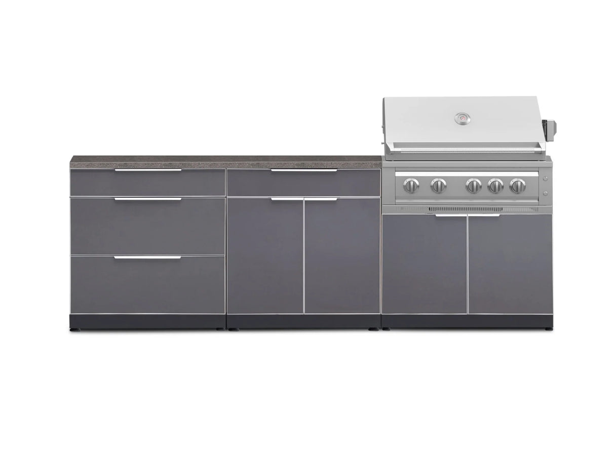 Outdoor Kitchen Aluminum 5 Piece Cabinet Set with 3 Drawer, Bar, Grill Cabinet, Platinum Grill and Countertop