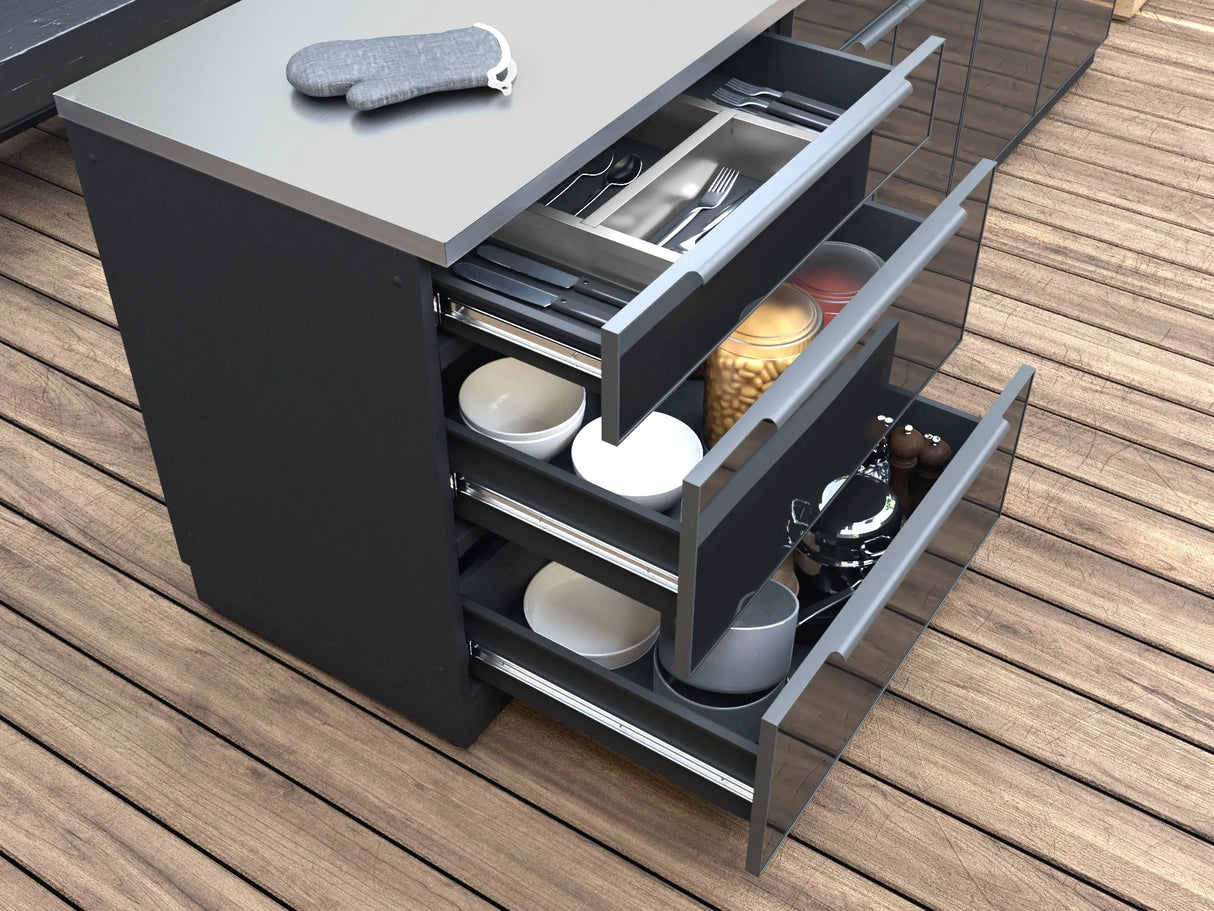 Outdoor Kitchen Aluminum 5 Piece Cabinet Set with 3-Drawer, 2-Door Cabinet, Countertops and Fridge