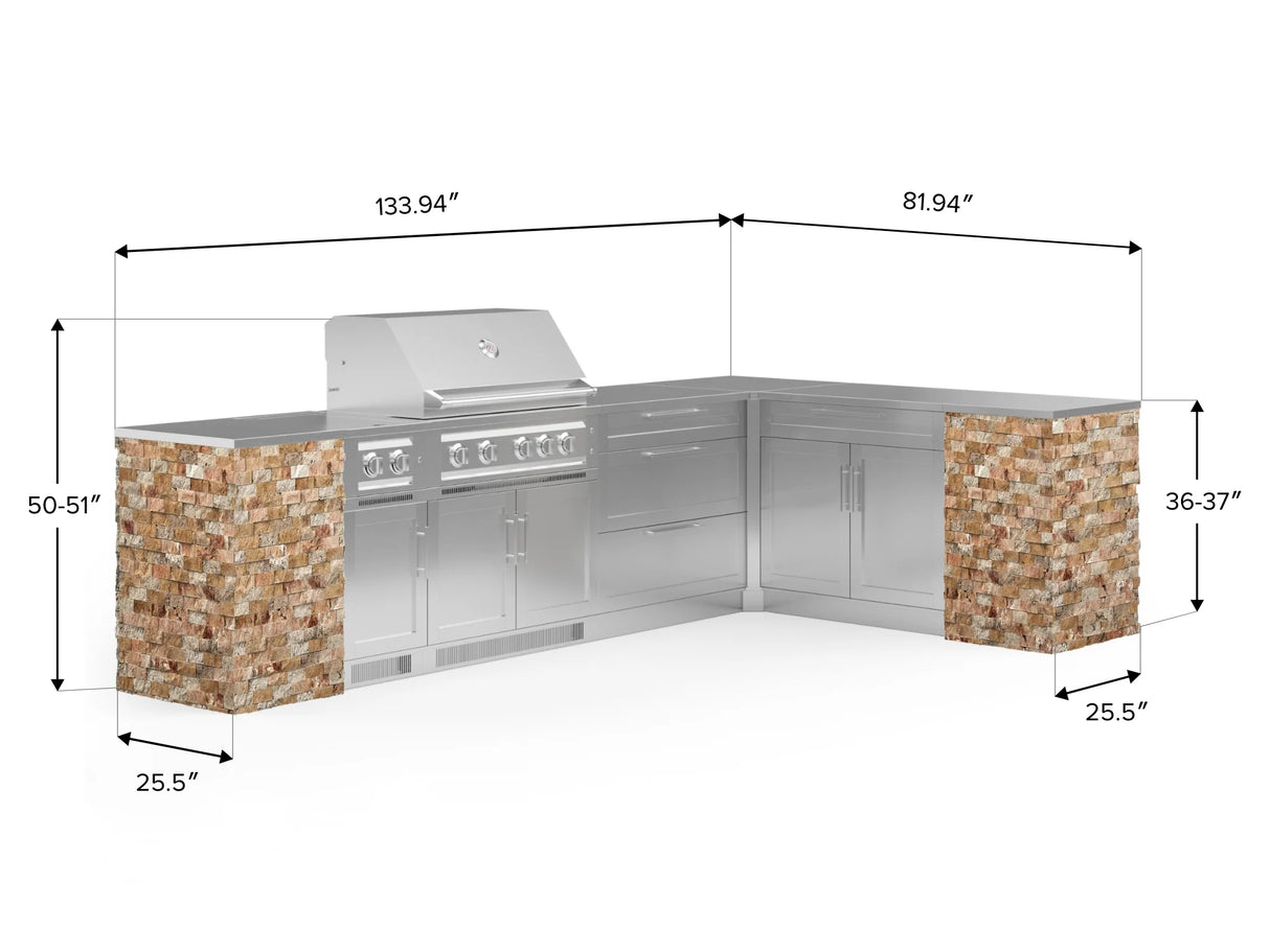 Outdoor Kitchen Signature Series 11 Piece L Shaped Cabinet Set with 3 Drawer, Bar, Dual Side Burner, Grill and Grill Cabinet