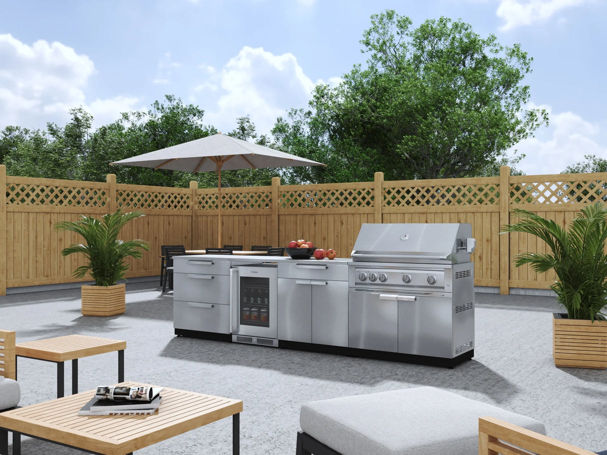 Outdoor Kitchen Stainless Steel 7 Piece Cabinet Set with 3-Drawer, Bar, Grill Cabinet, Platinum Grill, Countertop, and Glass Door Fridge