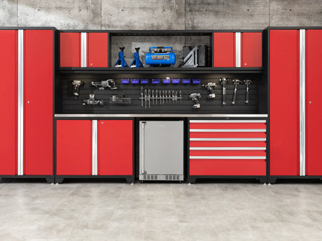 Pro Series 6 Piece Cabinet Set with Base, Wall Cabinet, Locker and Stainless Steel Door Fridge