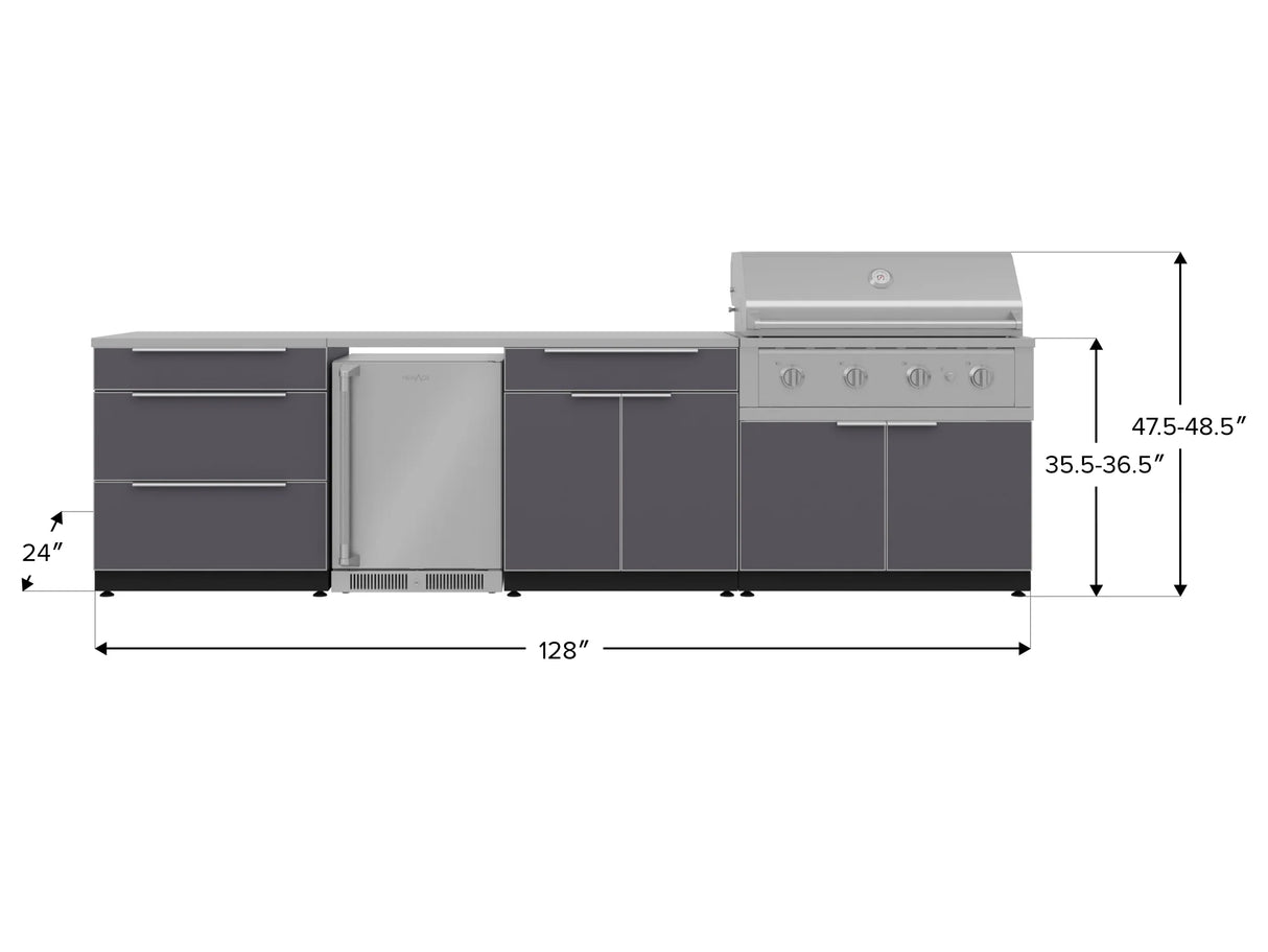 Outdoor Kitchen Aluminum 7 Piece Cabinet Set with 3-Drawer, Bar, Grill Cabinet, Performance Grill, Countertops and Stainless Steel Door Fridge