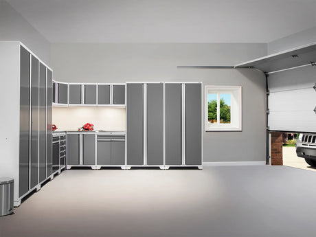 Pro Series 7 Piece Cabinet Set with Base, Wall, Tool Drawer Cabinet, Lockers and 56 In. Worktop