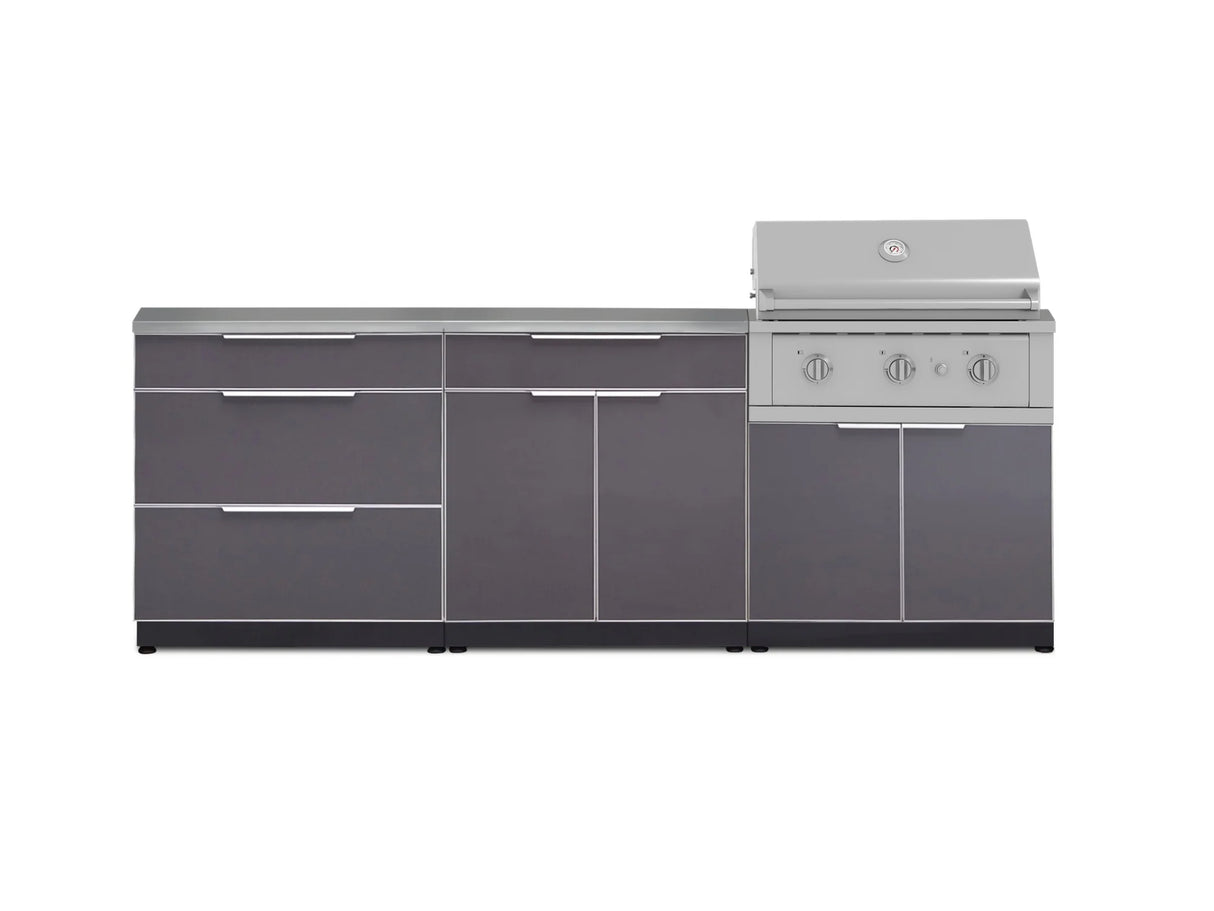 Outdoor Kitchen Aluminum 5 Piece Cabinet Set with 3 Drawer, Bar, Grill Cabinet, Performance Grill and Countertop