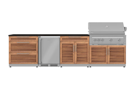 Outdoor Kitchen Stainless Steel 7 Piece Cabinet Set with 3-Drawer, Bar, Grill Cabinet, Platinum Grill, Countertop, and Stainless Steel Door Fridge