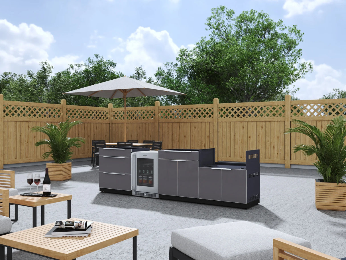 Outdoor Kitchen Aluminum 4 Piece Cabinet Set with 3-Drawer, Bar, Grill Cabinet and Fridge