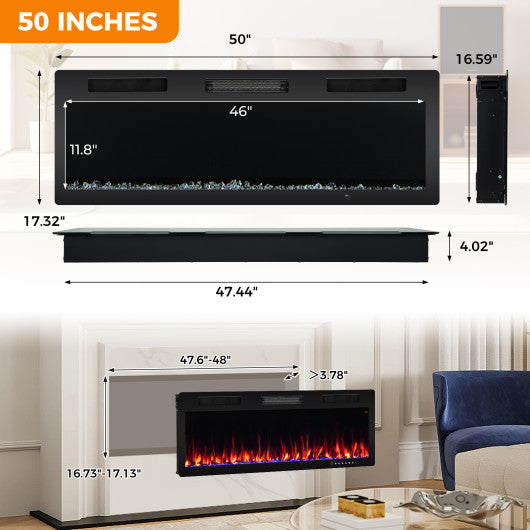 Electric Fireplace 40/50/60 Inches Recessed and Wall Mounted for 2' x 6' Stud-50 inches