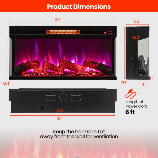 36 Inch 3-Sided 1500W Electric Fireplace with 7-Color Flame-Black