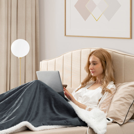 Electric Heated Blanket Throw Reversible Flannel and Sherpa Blanket-Gray