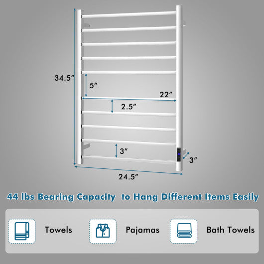 10 Bar Towel Warmer Wall Mounted Electric Heated Towel Rack with Built-in Timer-Silver