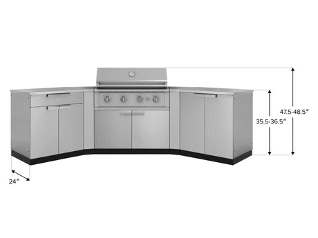 Outdoor Kitchen Stainless-Steel 7 Piece Cabinet Set with 2 Door, Bar, Corner, Grill Cabinet, Performance Grill, and Countertops