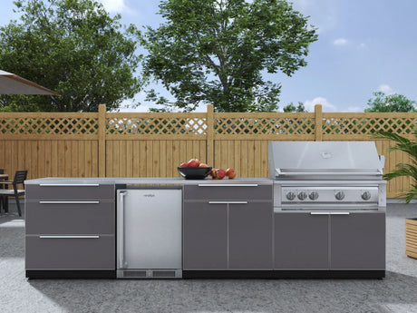 Outdoor Kitchen Aluminum 7 Piece Cabinet Set with 3-Drawer, Bar, Grill Cabinet, Platinum Grill, Countertops and Stainless Steel Door Fridge