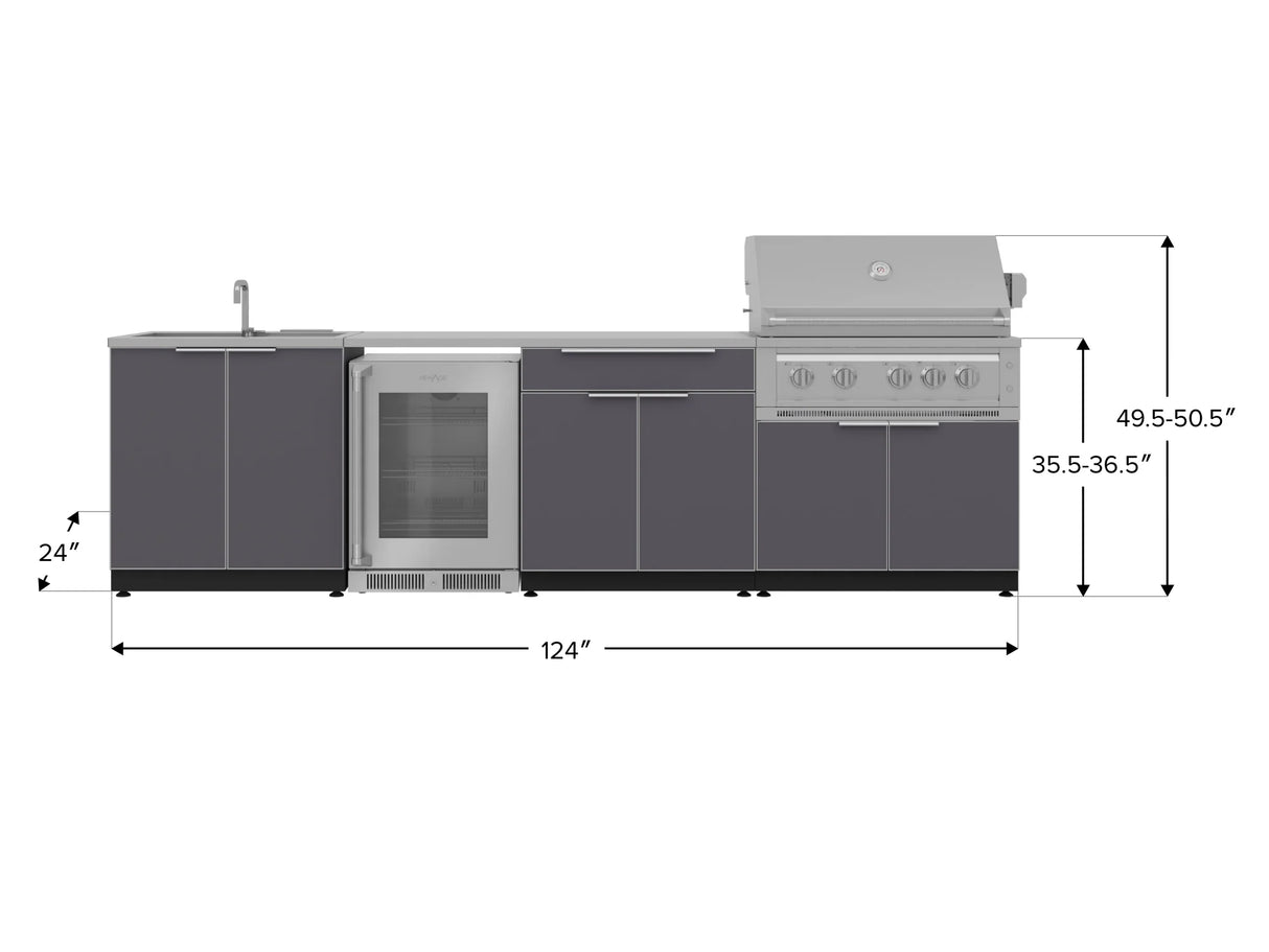 Outdoor Kitchen Aluminum 6 Piece Cabinet Set with Sink, Bar, Grill Cabinet, Platinum Grill, Countertop and Glass Door Fridge