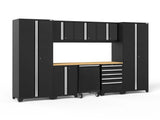 Pro Series 9 Piece Cabinet Set with Wall, Base, Tool Drawer Cabinet, Lockers, Utility Cart and 84 In. Worktop