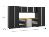 Pro Series 9 Piece Cabinet Set with Wall, Tool Drawer Cabinet, Lockers, and Stainless Steel Door Fridge