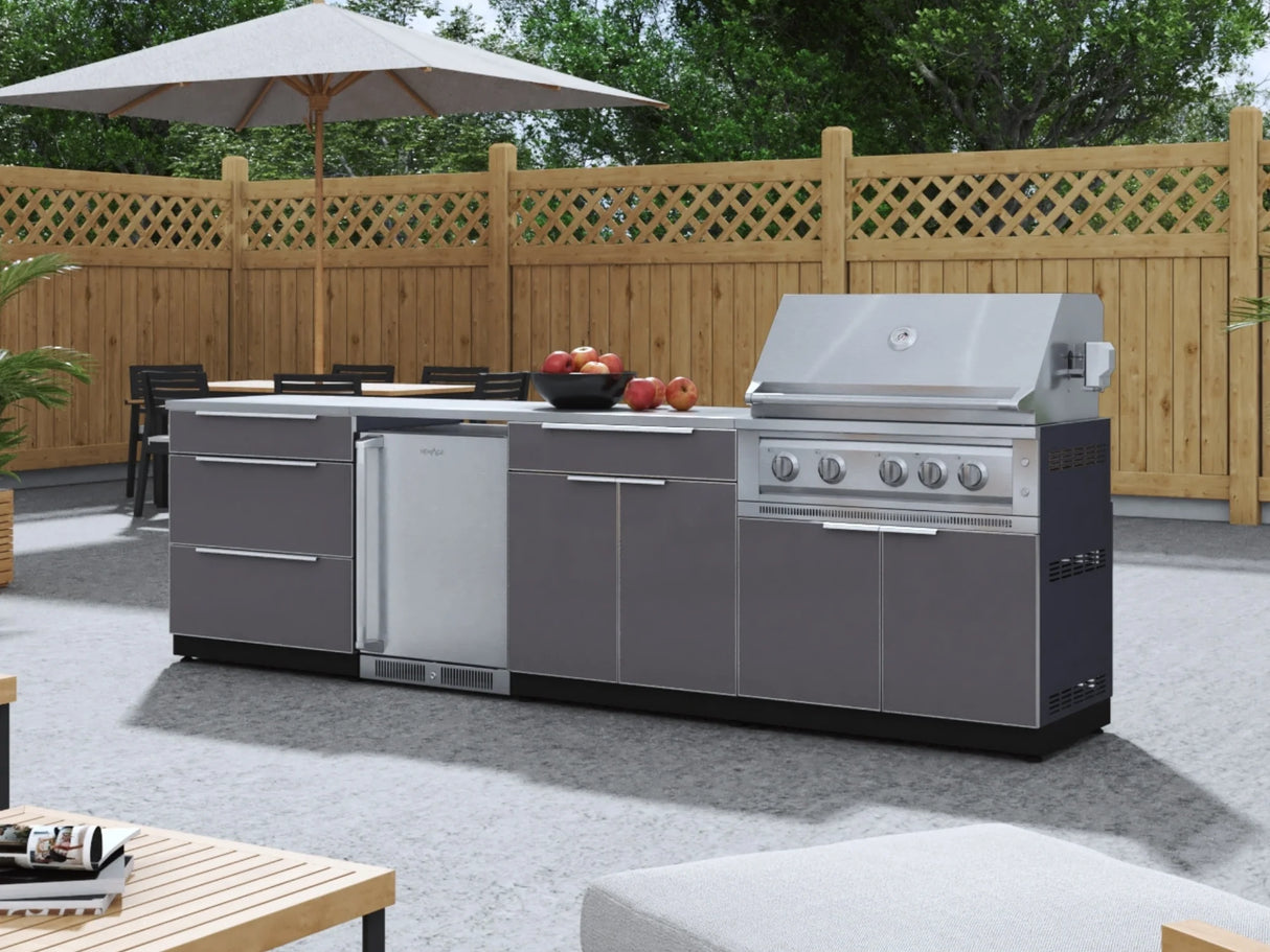 Outdoor Kitchen Aluminum 6 Piece Cabinet Set with Platinum Grill, Dual Side Burner, Bar and Grill Cabinet and Stainless Steel Countertop