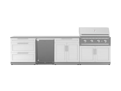 Outdoor Kitchen Stainless Steel 7 Piece Cabinet Set with 3-Drawer, Bar, Grill Cabinet, Performance Grill, Countertop, and Stainless Steel Door Fridge