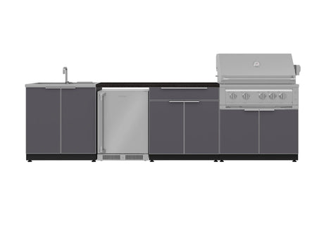 Outdoor Kitchen Aluminum 6 Piece Cabinet Set with Sink, Bar, Grill Cabinet, Platinum Grill, Countertop and Stainless Steel Door Fridge