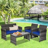 4 Pieces Patio Rattan Furniture Set with Glass Table and Loveseat-Navy