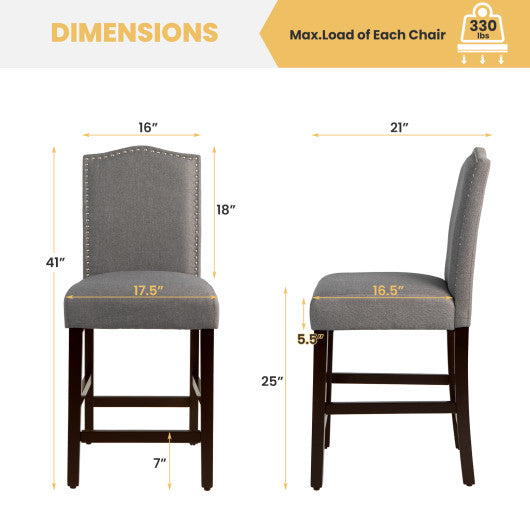 2 Pcs Fabric Nail Head Counter Height Dining Side Chairs Set-Gray