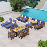 8 Pieces Patio Acacia Wood Dining Table Set with Ottoman Cushions-Navy