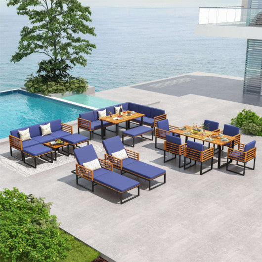 5 Piece Patio Acacia Wood Chair Set with Ottomans and Coffee Table-Navy