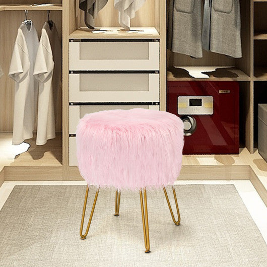 Faux Fur Vanity Stool Chair with Metal Legs for Bedroom and Living Room-Pink