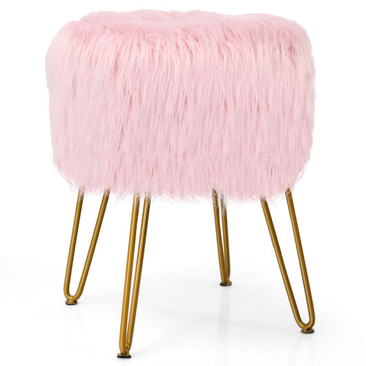 Faux Fur Vanity Stool Chair with Metal Legs for Bedroom and Living Room-Pink