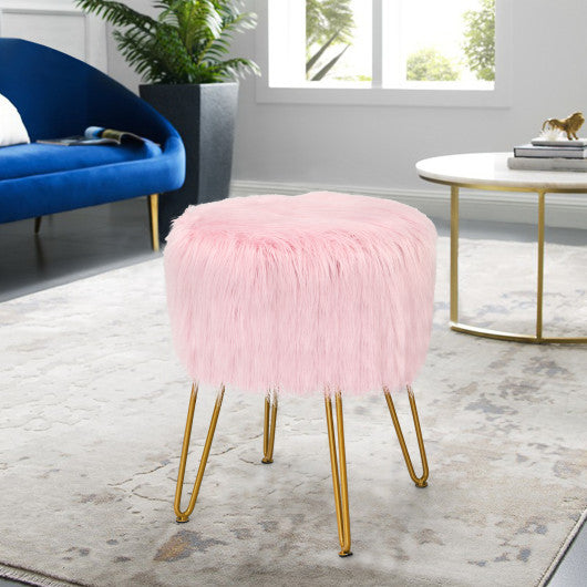 Faux Fur Vanity Stool Chair with Metal Legs for Bedroom and Living Room-Pink