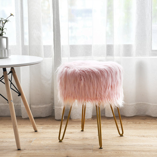 Faux Fur Vanity Stool Chair with Metal Legs for Bedroom and Living Room-Pink