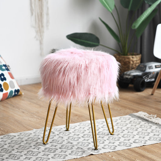 Faux Fur Vanity Stool Chair with Metal Legs for Bedroom and Living Room-Pink