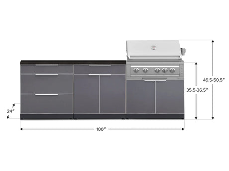 Outdoor Kitchen Aluminum 5 Piece Cabinet Set with 3 Drawer, Bar, Grill Cabinet, Platinum Grill and Countertop