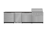 Outdoor Kitchen Stainless Steel 7 Piece Cabinet Set with 3-Drawer, Bar, Grill Cabinet, Performance Grill, Countertop, and Stainless Steel Door Fridge