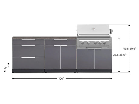 Outdoor Kitchen Aluminum 5 Piece Cabinet Set with 3 Drawer, Bar, Grill Cabinet, Platinum Grill and Countertop