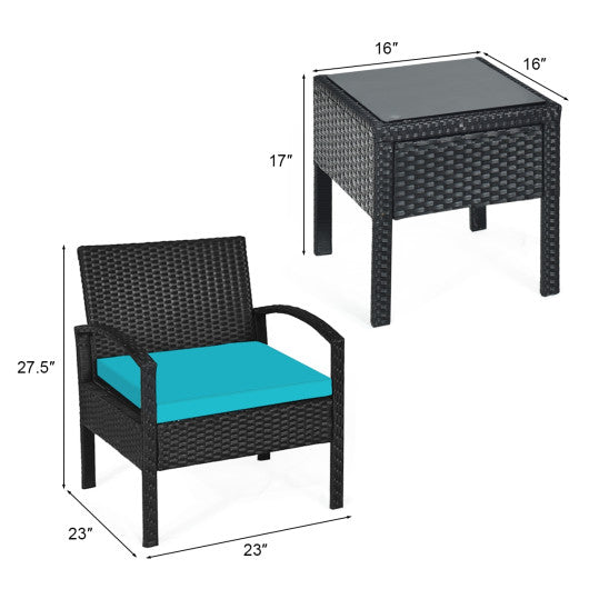 3 Pieces Outdoor Rattan Patio Conversation Set with Seat Cushions-Turquoise