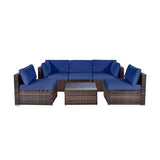 6 Pieces Patio Rattan Furniture Set with Cushions and Glass Coffee Table-Navy