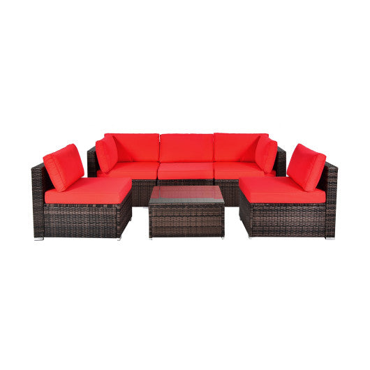 6 Pieces Patio Rattan Furniture Set with Cushions and Glass Coffee Table-Red