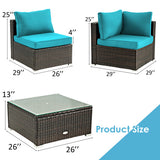 5 Pieces Cushioned Patio Rattan Furniture Set with Glass Table-Turquoise